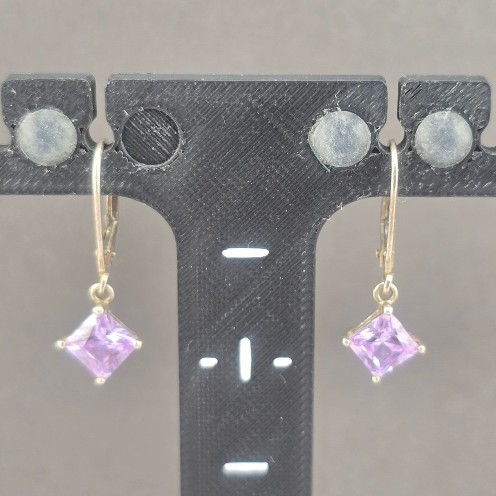 Estate Sterling Silver Earrings Purple Princess Cut Leverback Dangle Dainty